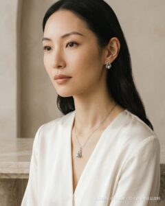 AKOYA 海水珍珠配莫桑石925純銀頸鏈耳環套裝