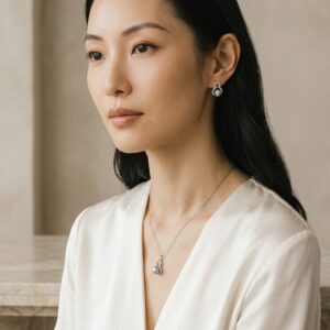 AKOYA 海水珍珠配莫桑石925純銀頸鏈耳環套裝